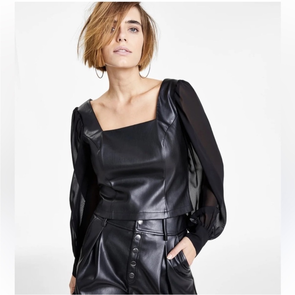 Marc NY Black Faux Leather Square Neck Sheer Puff Sleeve Top NWOT Size XS Grunge